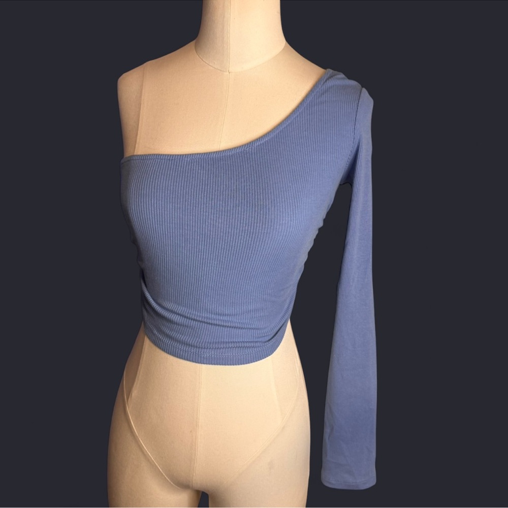 Zara Asymmetric Blue Crop Top one shoulder bare long sleeve size small